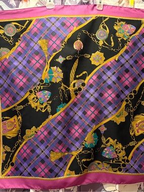 Silk-Feel Scarf with Gold Chain & Tartan Motif - Pink, Purple, Black